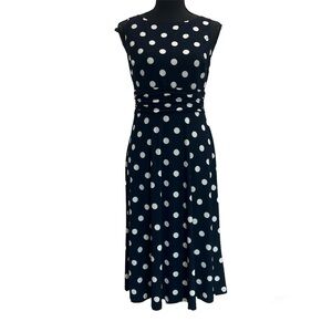 Chaps dark navy blue white polkadot sleeveless fit and flare midi dress Sz S